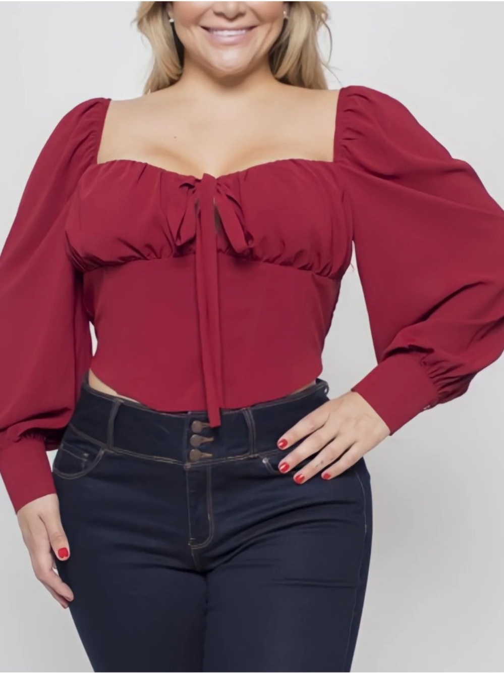 Tie-Front Long-Sleeve Blouse in Deep Red